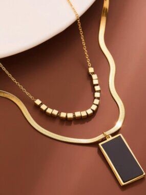 Gold Layered Black Tag Cube Snake Necklace
